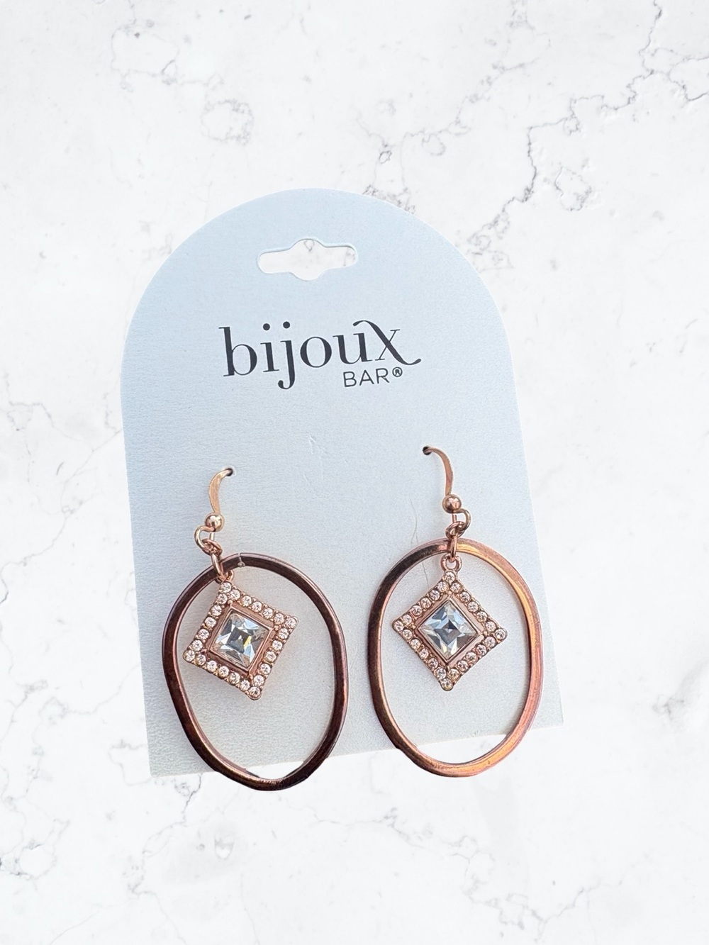 Bijoux Bar Rose Gold Oval Drop Earrings with Crystal Square Charm